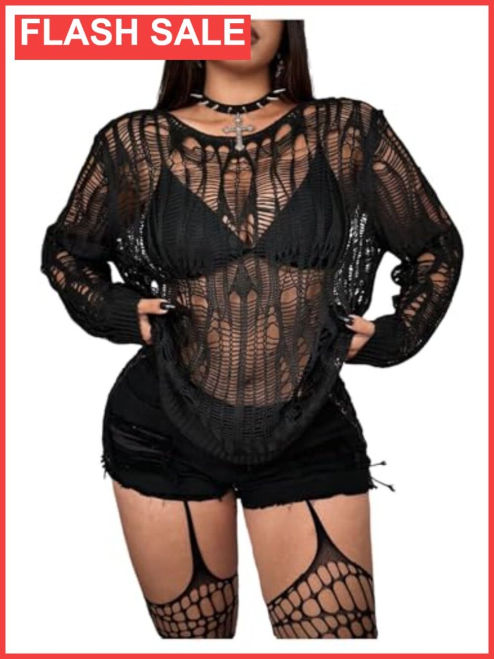 Plus Size Y2K Cut Out Long Sleeve Punk Grunge Knit Sweater